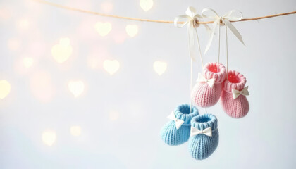 Gender reveal invitation or banner template with pink and blue knitted booties.  Child's gender announcements