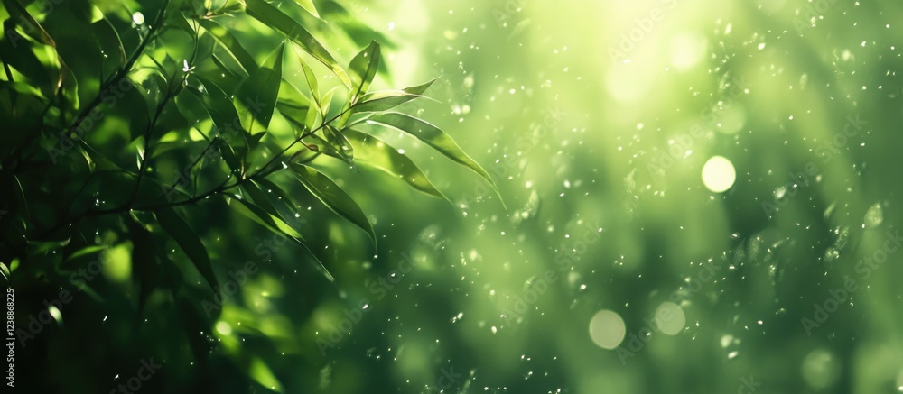 Poster lush green leaves with sunlight filtering through creating a soft bokeh effect and sparkling particl