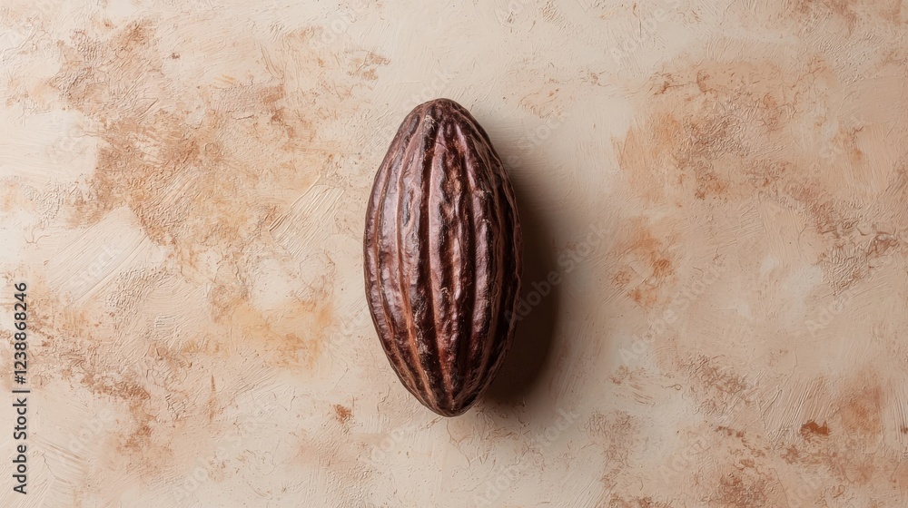 Poster cocoa pod on neutral background showing textures and patterns of organic cocoa fruit for food and cu