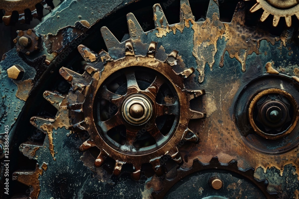 Poster rusty interlocking gears and cogs form a metallic industrial background