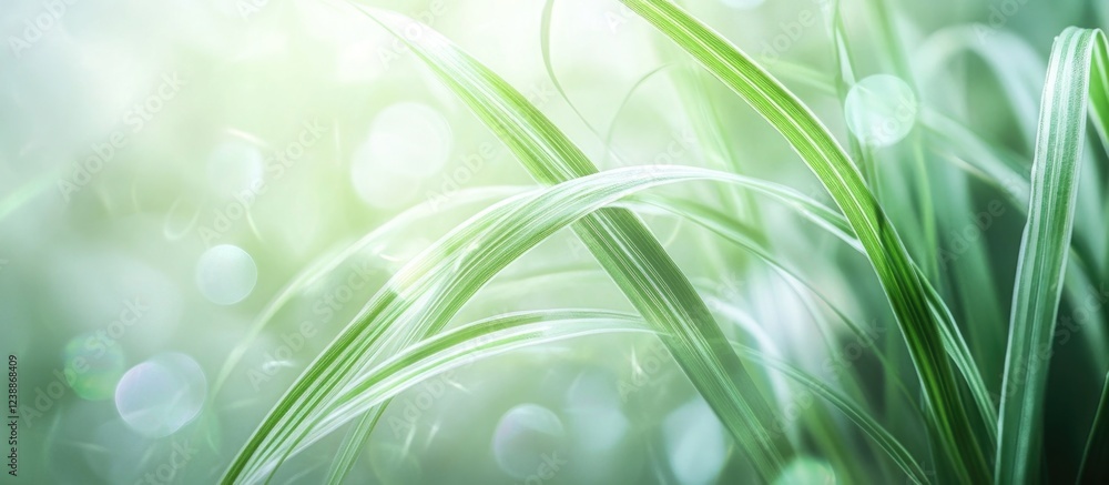 Poster close-up of green grass blades with soft focus background and light bokeh effects, natural abstract 