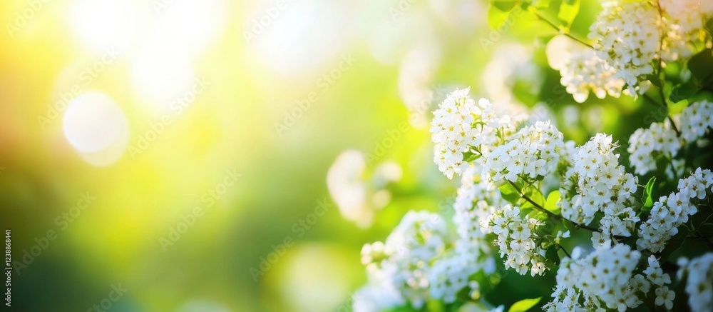 Poster sunlit white blossoms with green background bokeh and copy space for text placement