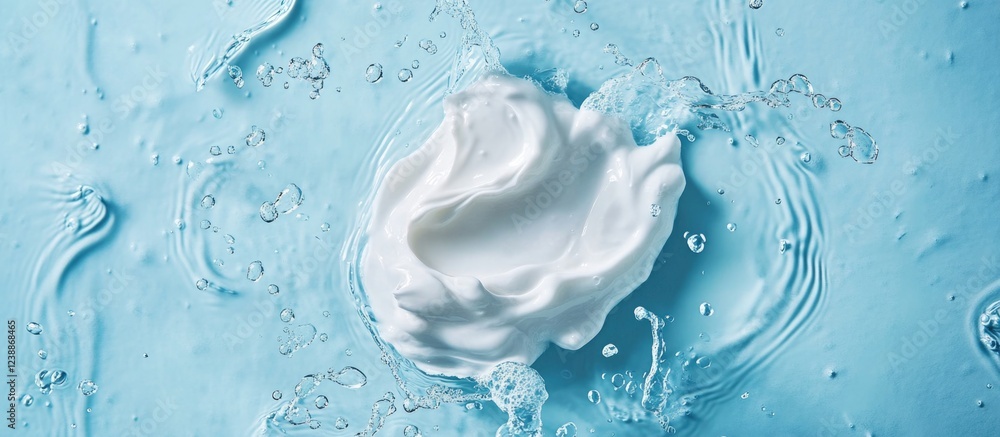 Aufkleber white cream splash on blue background with water droplets and ripples creating dynamic motion and te
