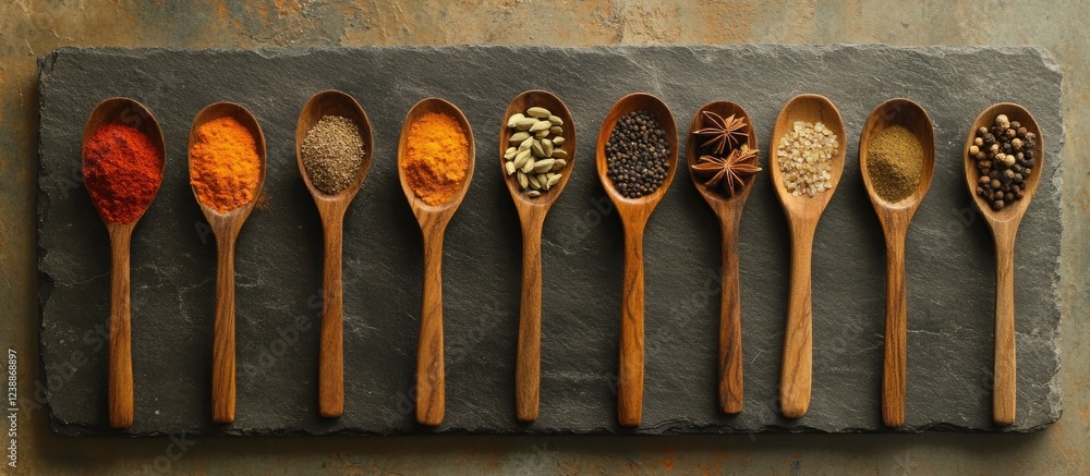 Poster assorted spices in wooden spoons arranged on a slate board with a textured background and ample copy