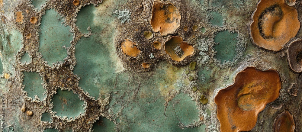 Poster close-up texture of weathered metal surface featuring green and orange corroded patterns with abstra