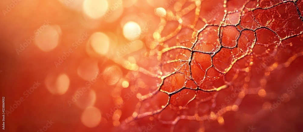 Poster macro close-up of a textured leaf surface with intricate veins and a warm orange bokeh background co