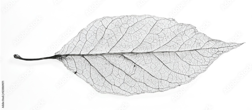 Poster translucent skeleton leaf isolated on white background showcasing intricate vein structure with copy