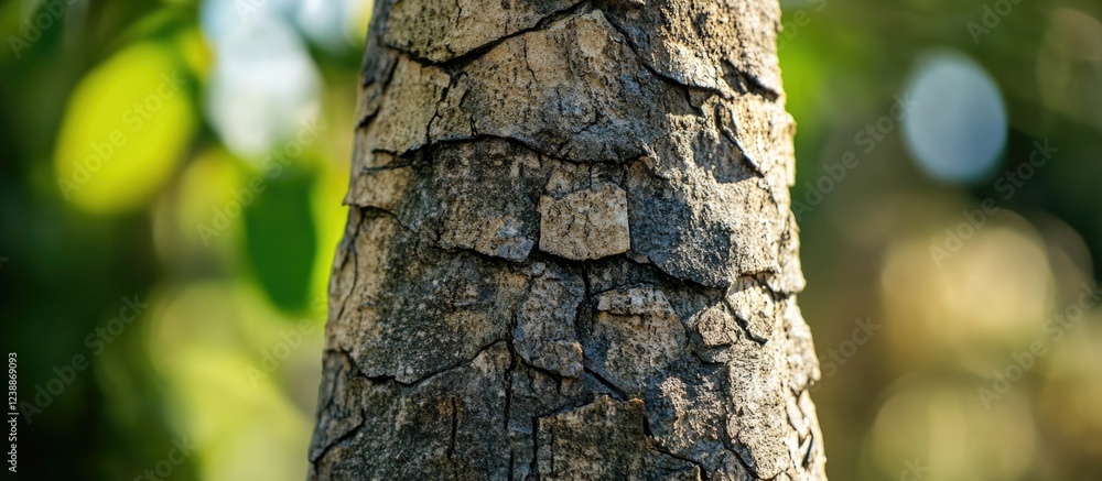 Aufkleber close-up view of the textured bark of a tree in natural light with blurred green foliage background 