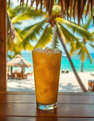 Refreshing tropical drink served on a beachside table during a sunny afternoon