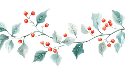 Watercolor Painting of a Branch with Red Berries and Green Leaves
