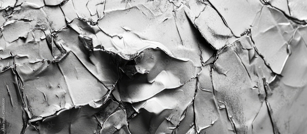 Poster detail of cracked and peeling gray paint surface with varied texture and shadows suitable for backgr