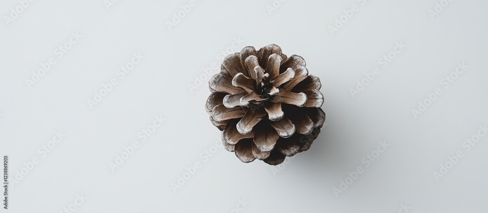 Poster close-up of a pine cone on a light background with minimal shadows and copy space for text placement
