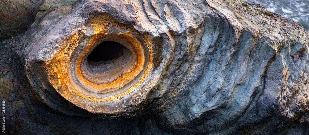 Poster rock formation with circular hollow opening displaying intricate textures and colors against dark ba