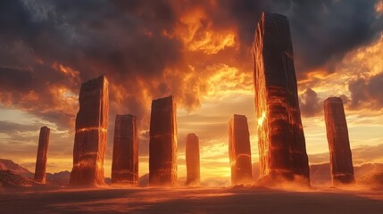 Fototapeta premium ancient desert monoliths at sunset, towering red-orange rock pillars casting long shadows, dramatic storm clouds, golden hour lighting, epic scale
