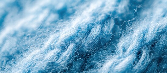 Obraz premium Close-up macro texture of soft blue knitted fabric with fibers and threads ideal for background use Copy Space