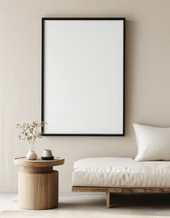 Blank picture frame mockup, Minimalist thin black frame around a white canvas, placed against a soft beige wall, with a small wooden side table nearby, wall art presentation template, Picture frame