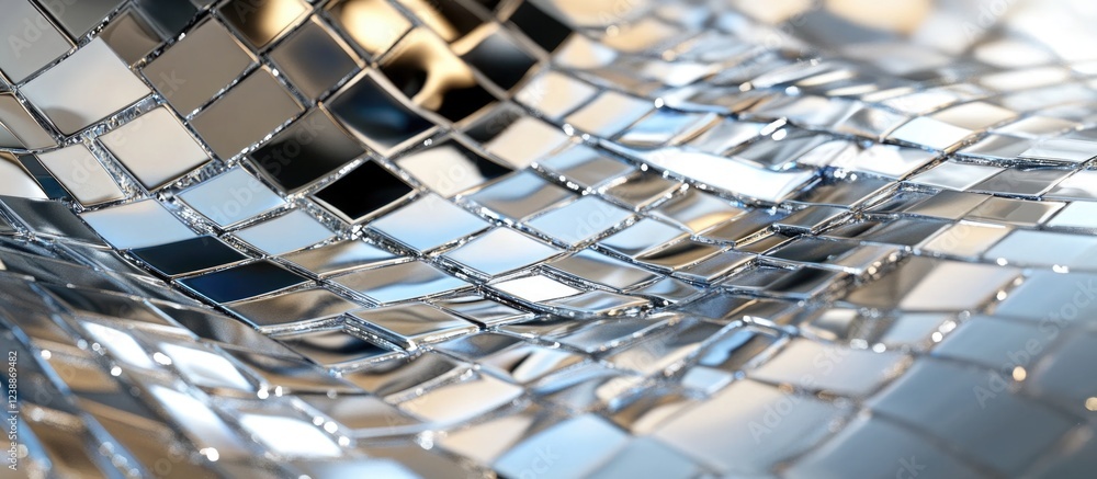 Poster abstract close-up of reflective glass mosaic tiles creating a wave-like pattern with light reflectio
