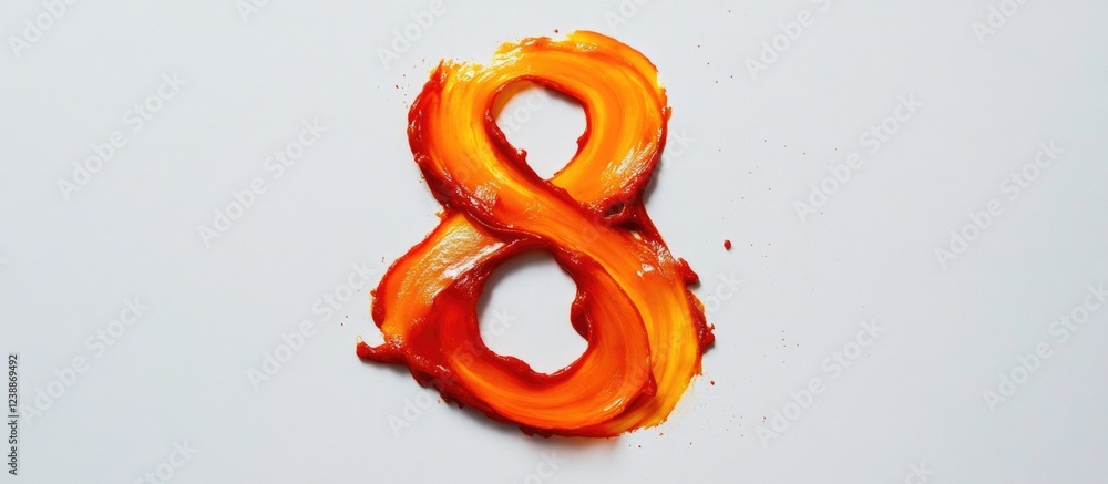 Poster colorful painted number eight with orange and red hues on a white background displaying artistic tex