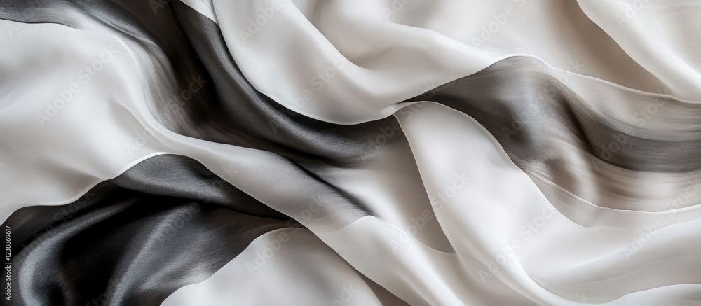 Poster elegant flowing black and white silk fabric with soft waves and textures suitable for background or 