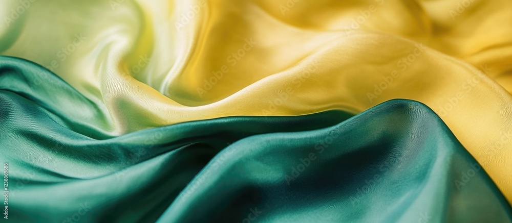 Poster silk fabric texture in green and yellow colors with soft folds and smooth surface ideal for backgrou