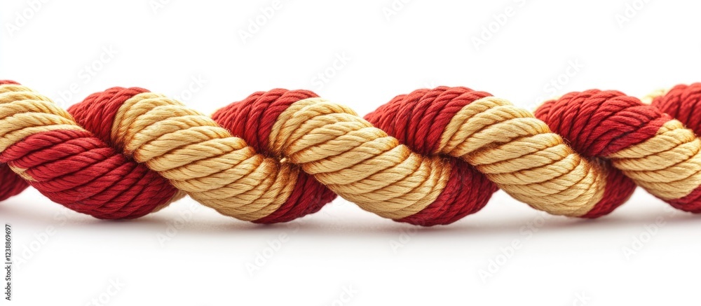 Poster twisted rope in red and yellow colors with a smooth texture against a white background copy space