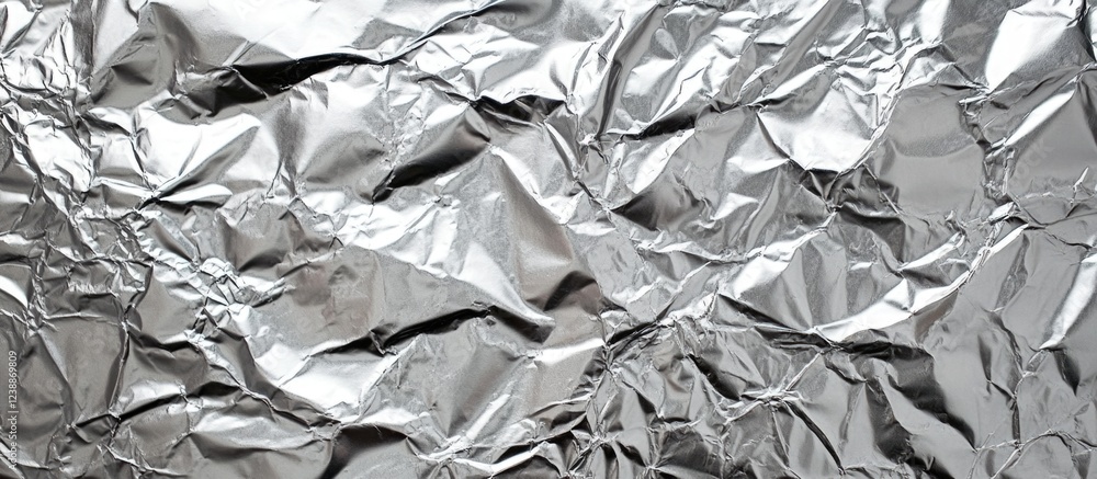 Poster crumpled aluminum foil texture background with shiny metallic surface and irregular wrinkled pattern