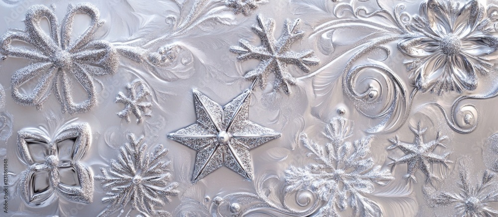 Poster decorative silver embossed background featuring various floral and snowflake designs with intricate 