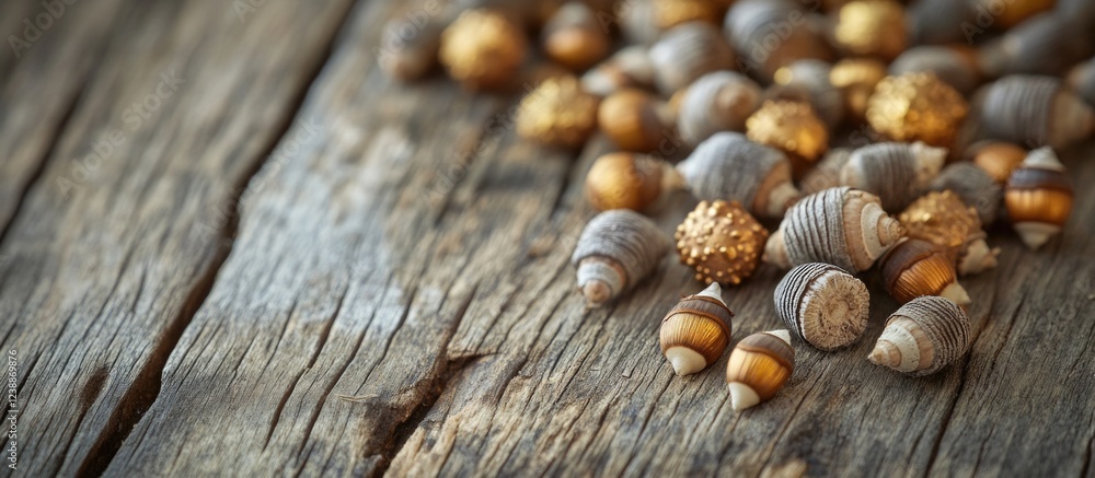 Poster seashells and decorative gold elements scattered on rustic wooden surface with copy space for text p