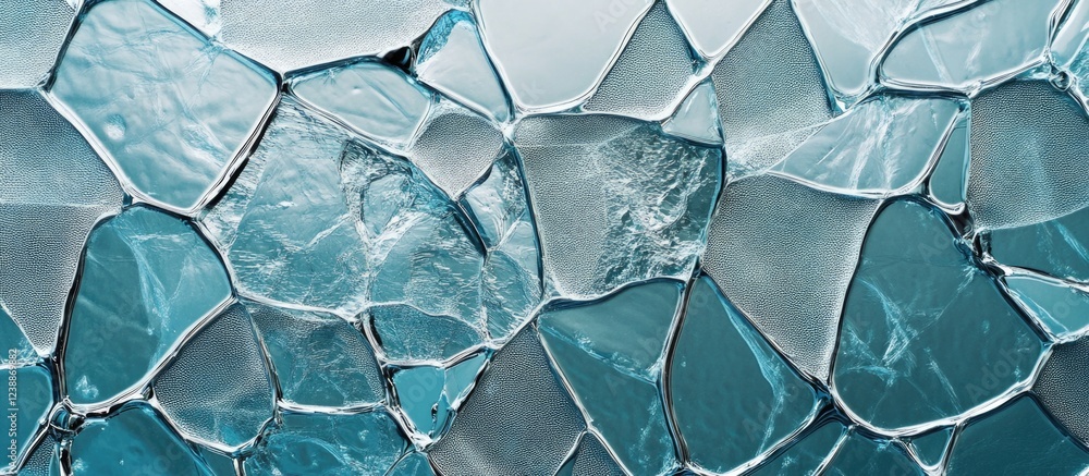 Poster Textured broken glass with turquoise hue and sharp edges creating an abstract background with Copy Space