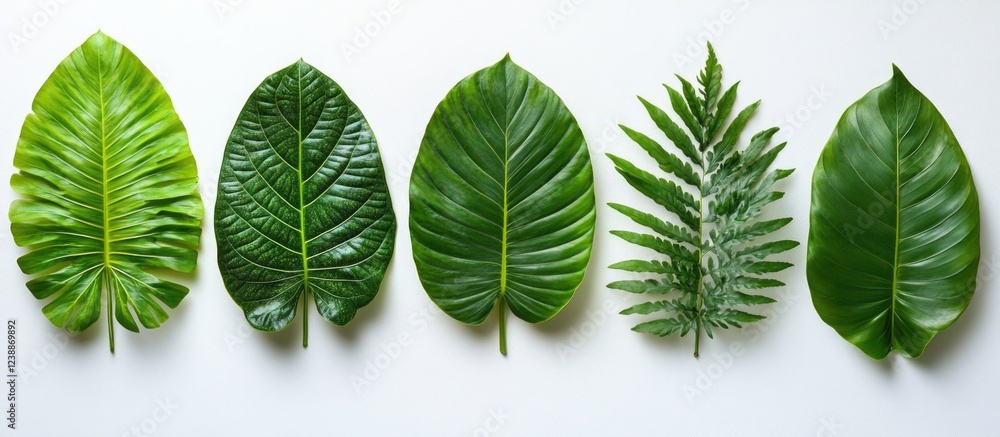 Poster various types of green leaves arranged in a row on a white background with ample copy space for text