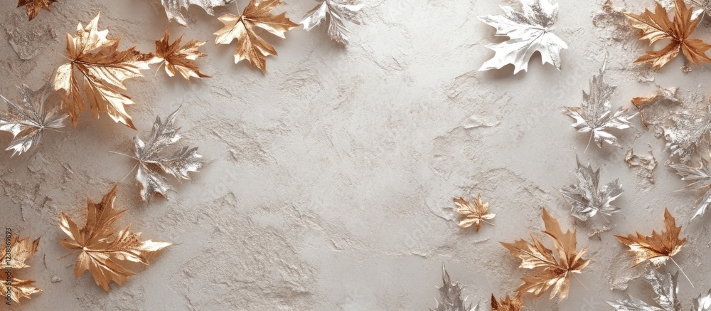 Aufkleber golden and silver maple leaves arranged on textured background with neutral tones and ample copy spa