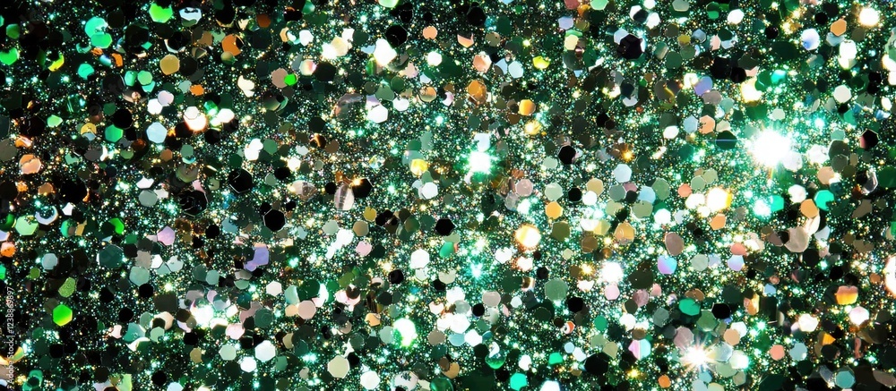 Poster green and gold glitter background with shiny hexagonal and circular sequins with copy space for text