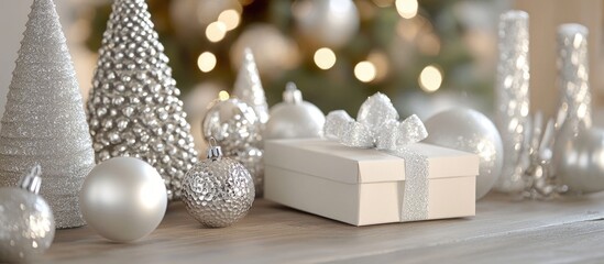 Silver holiday decorations with gift box, ornaments, and pine trees on wooden surface, blurred background with lights, Copy Space