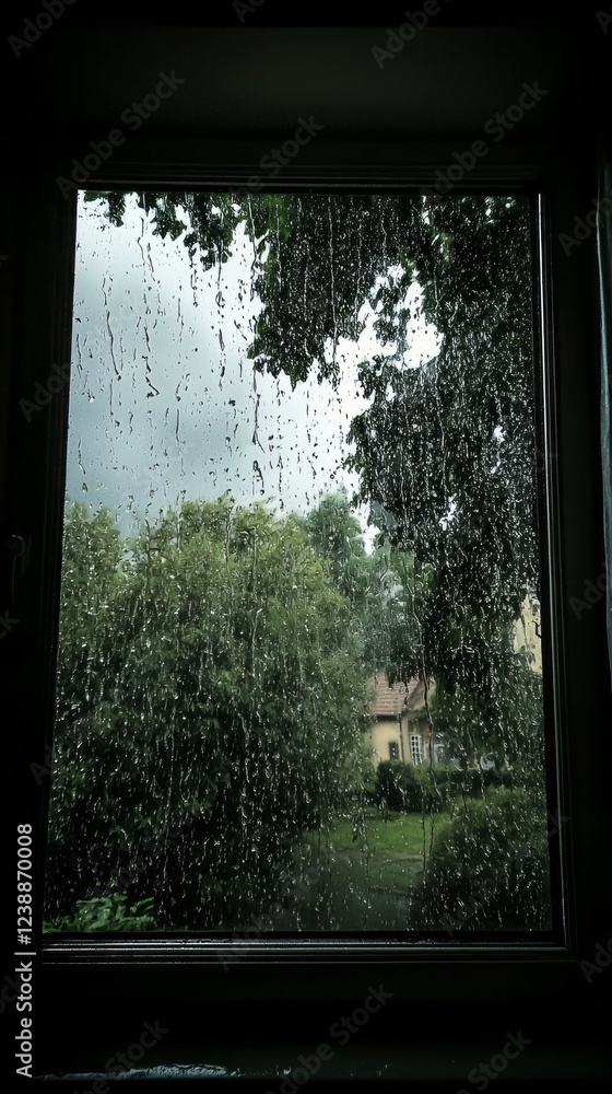 Poster droplets race each other down a glass pane, blurring the view of lush greenery and an elegant home. 