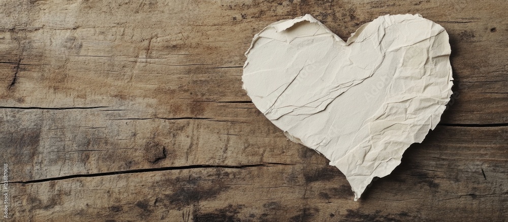 Poster crumpled paper heart shape on rustic wooden background with copy space for text or messages