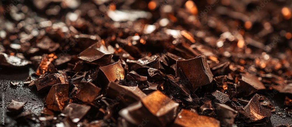 Aufkleber dark chocolate shards and cocoa nibs scattered on a textured surface with warm lighting and depth of