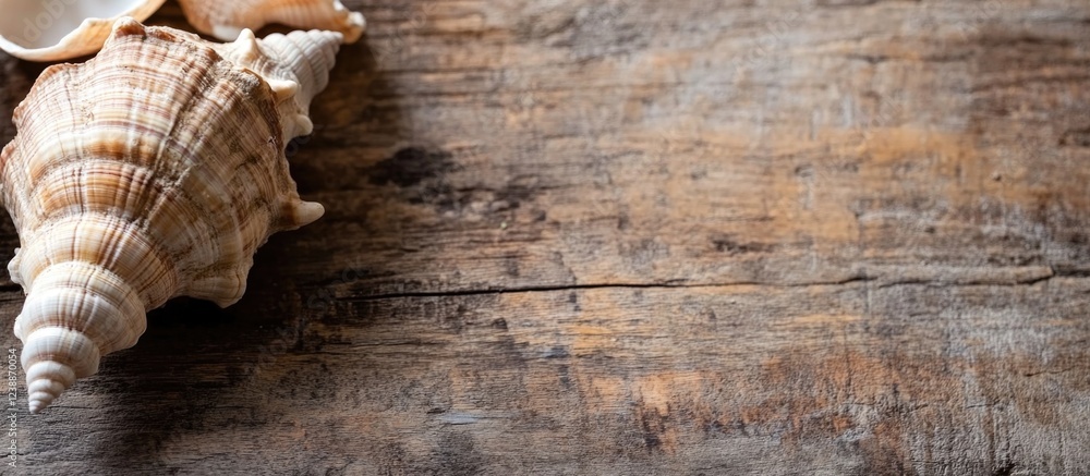Poster shell on rustic wooden surface with natural texture and colors ideal for nature themes and presentat