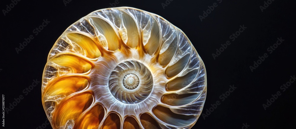 Poster nautilus shell close-up with intricate patterns and textures on a dark background suitable for educa