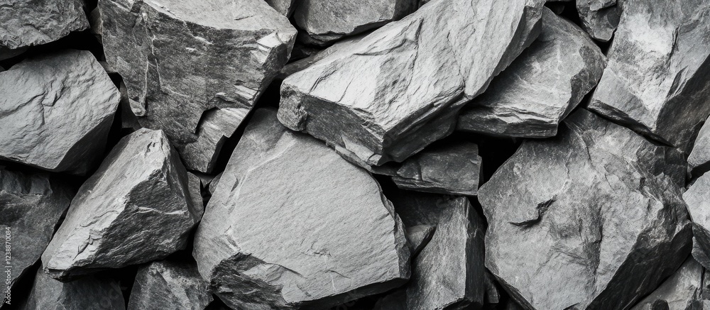 Poster close-up view of textured gray rocks stacked randomly with distinct surface details suitable for bac