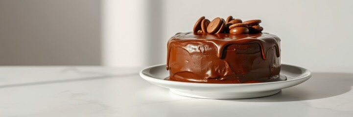 Rich chocolate cake topped with coffee beans on a white plate in a minimalistic setting