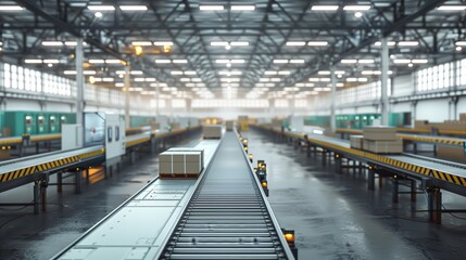 industrial warehouse with high ceiling and conveyor belt in motion for logistics and technology