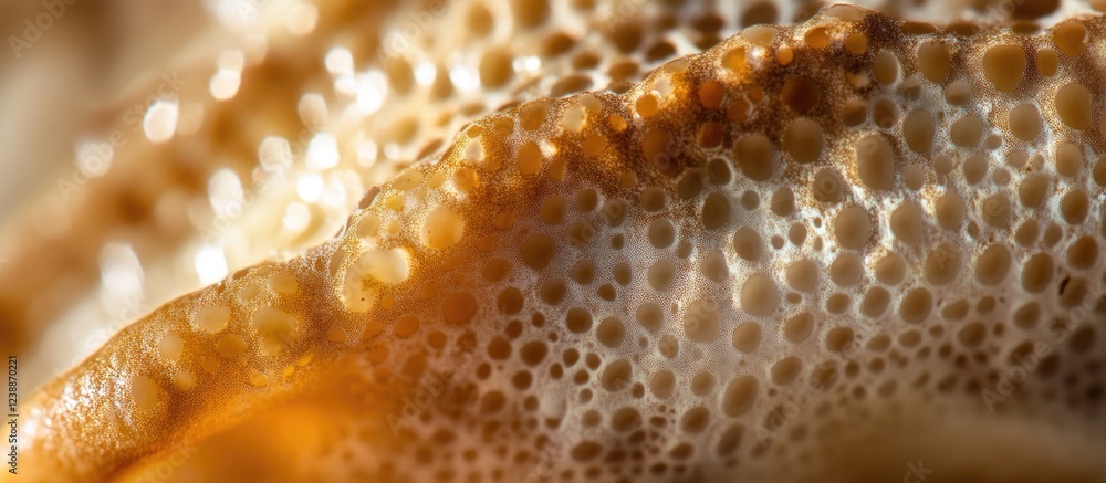 Poster macro shot of textured orange and brown shell surface with intricate patterns and smooth edges, suit