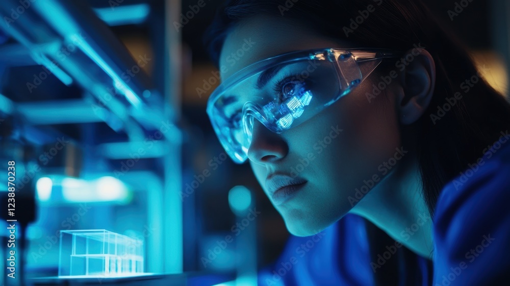 Poster industrial engineer wearing protective glasses and working in a high tech innovative factory, observ