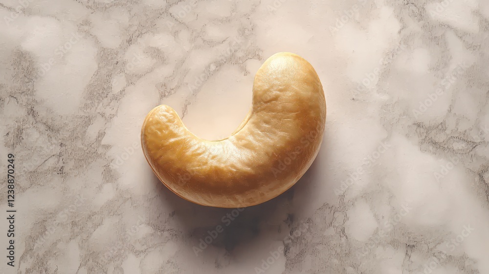 Poster Single Cashew Nut on Marble Surface with Natural Light Highlighting Texture and Color Details in a Minimalist Setting