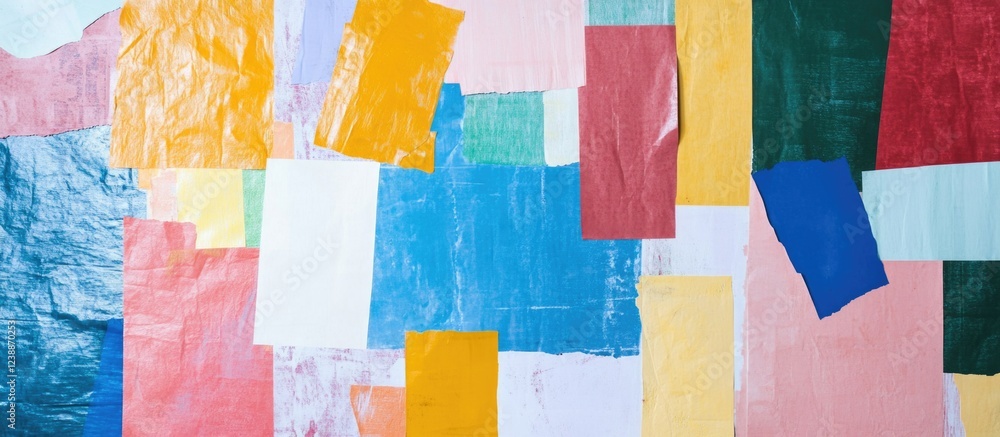 Poster colorful abstract collage of painted paper pieces arranged in a dynamic pattern with various hues an