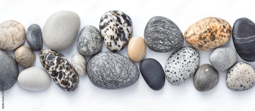 Poster colorful collection of smooth pebbles and stones arranged in a line on a white background with copy 
