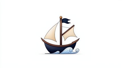 Cartoon Sailboat with White Sails on Blue Waves in a Minimalist Style Design
