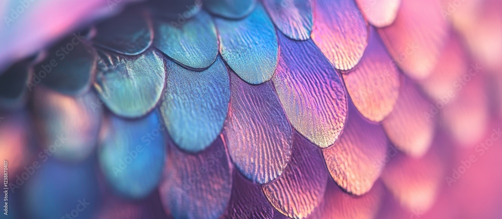 Poster iridescent scales texture close-up with gradient colors in soft focus for background design and abst
