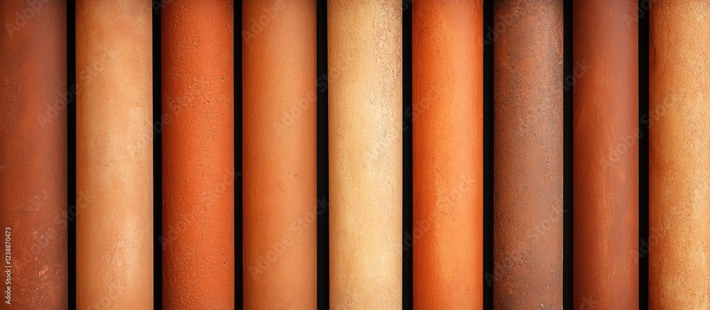 Poster colorful textured vertical clay pipe samples in various shades of brown and orange with clear backgr