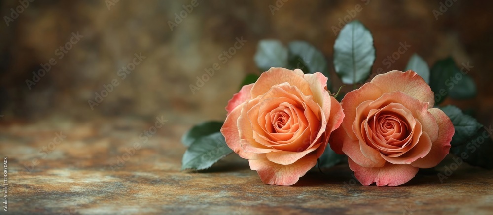 Poster peach roses with green leaves on a textured brown background with soft focus and copy space for text